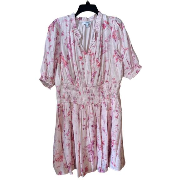 Pink & White Floral Dress Ruffled Neckline Smocked Waist Puff Sleeves, Romantic - Picture 1 of 7